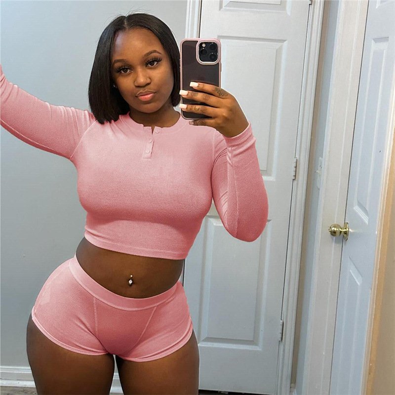 Custom Summer New Women'S Single-Breasted Placket Navel-Baring T-Shirt High Waist Revealing Shorts Sets