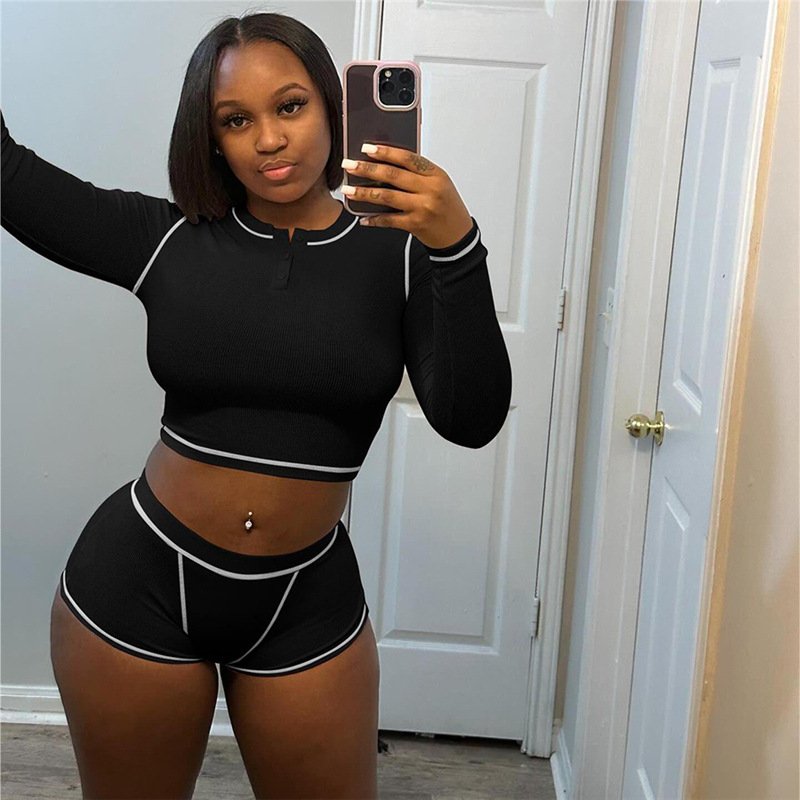 Custom Summer New Women'S Single-Breasted Placket Navel-Baring T-Shirt High Waist Revealing Shorts Sets