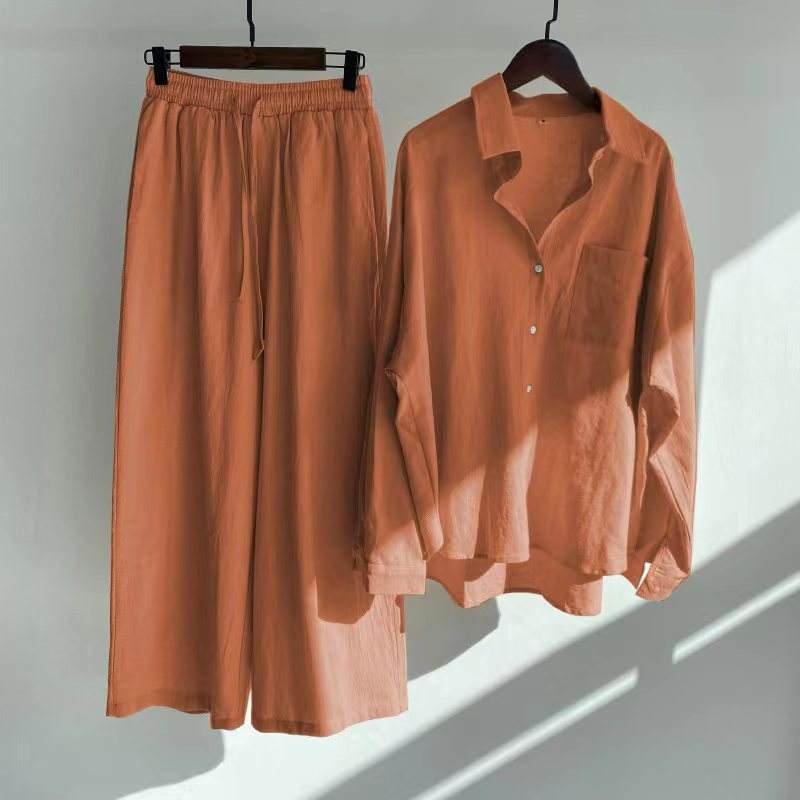2 Piece Blouse and Long Pant Set Cotton Linen Retro Plus Size Vestidos Verano Shirt Suit High Waist Ladies Muslim Women's Set