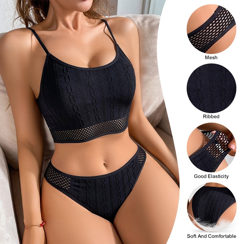 Wholesale Women Solid Bra & Brief Set Hollow Out Elastic Black Ribbed Shiny Seamless Women's Underwear Bra And Panties Sets