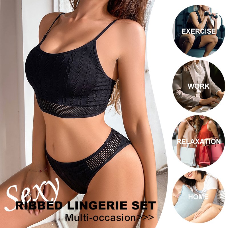 Wholesale Women Solid Bra & Brief Set Hollow Out Elastic Black Ribbed Shiny Seamless Women's Underwear Bra And Panties Sets