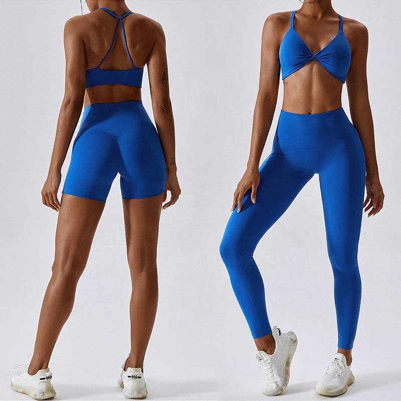 2023 New Women Workout Set Fitness Clothing Front Twisted Open Back Sports Bra and V Back Yoga Shorts Leggings Gym Fitness Set