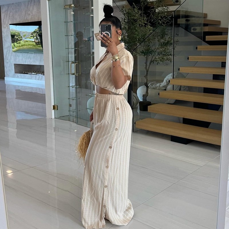 Summer ladies clothes sweet temperament striped short sleeve shirt high waisted drawstring wide leg pants two piece women's sets