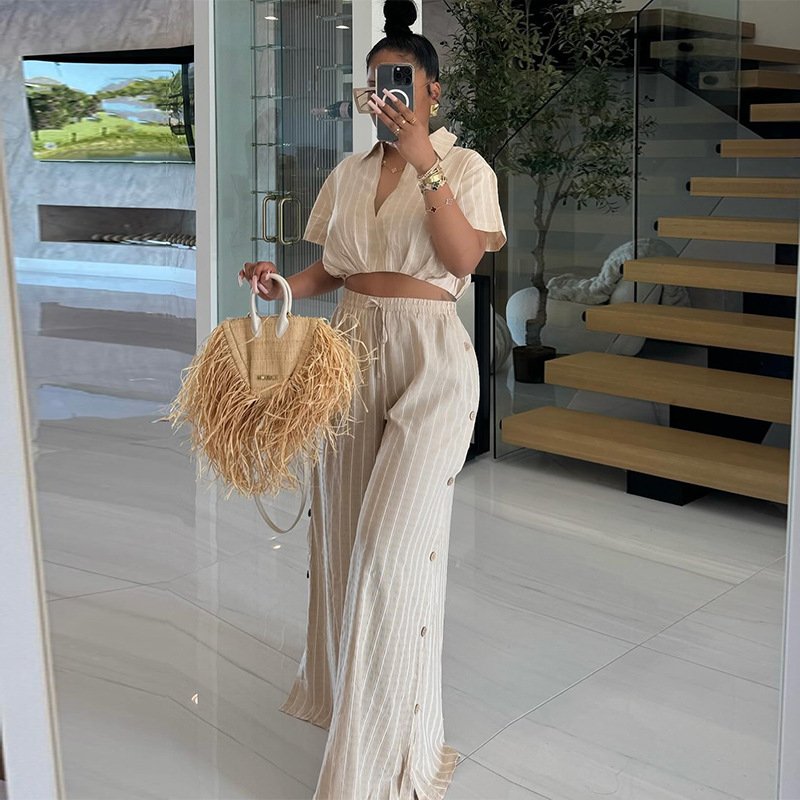 Summer ladies clothes sweet temperament striped short sleeve shirt high waisted drawstring wide leg pants two piece women's sets