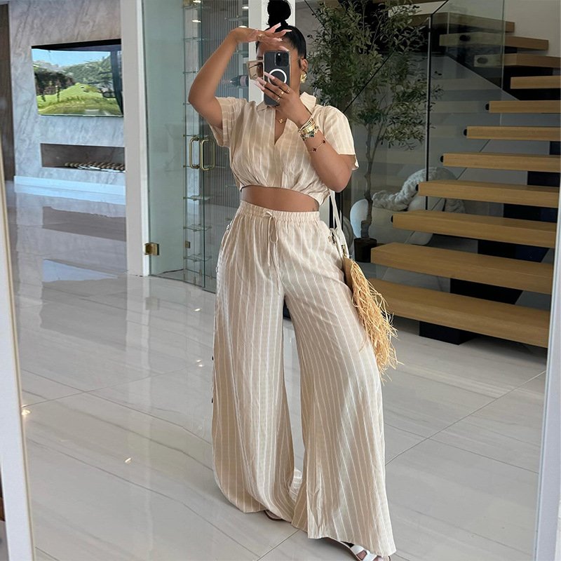 Summer ladies clothes sweet temperament striped short sleeve shirt high waisted drawstring wide leg pants two piece women's sets