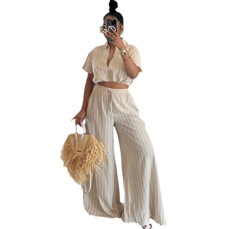 Summer ladies clothes sweet temperament striped short sleeve shirt high waisted drawstring wide leg pants two piece women's sets