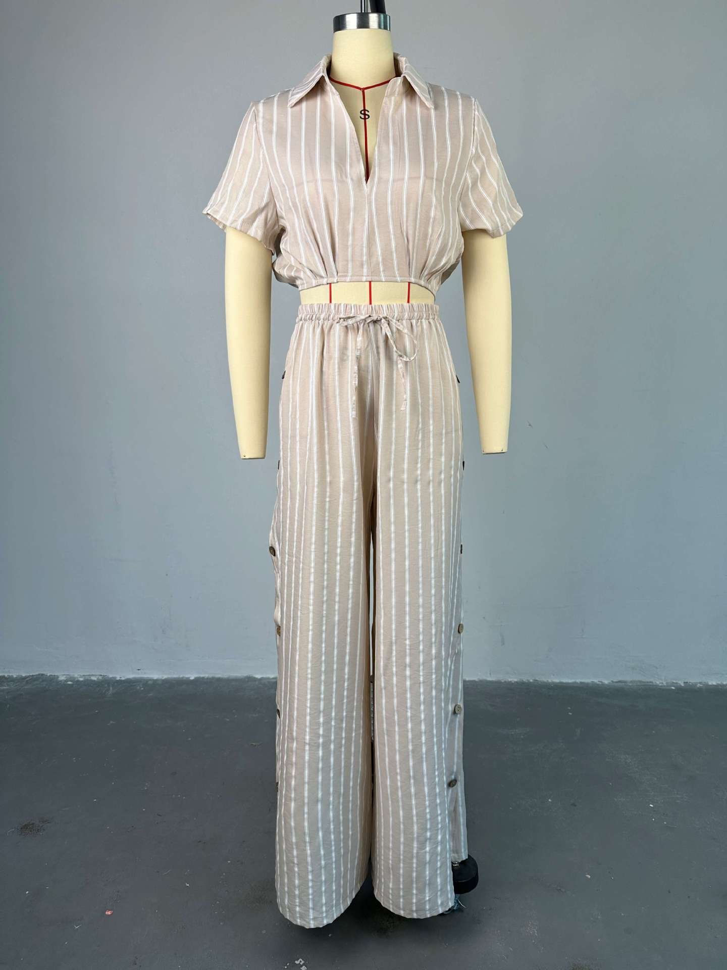 Summer ladies clothes sweet temperament striped short sleeve shirt high waisted drawstring wide leg pants two piece women's sets