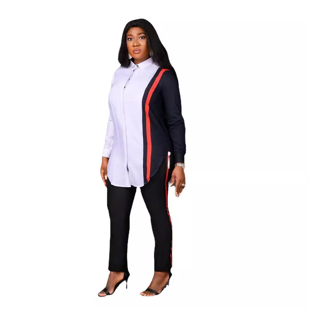 Patchwork Long Sleeve Turn-down Shirts Collar Streetwear Solid pants Woman Tops two piece suit