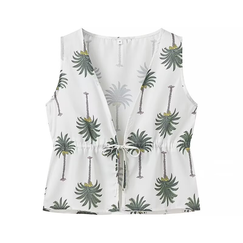 PB&ZA set woman 2 pieces 2024 Fashion printed pants suit Vintage sleeveless Tank Tops Female + Pants Women's suit