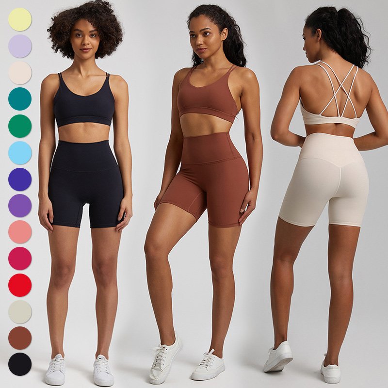 Custom Logo Yoga Shorts Set for Women Fitness Workout Pants Sports Straps Bra Athletic Wear 2 Piece Gym Yoga Biker Shorts Suit