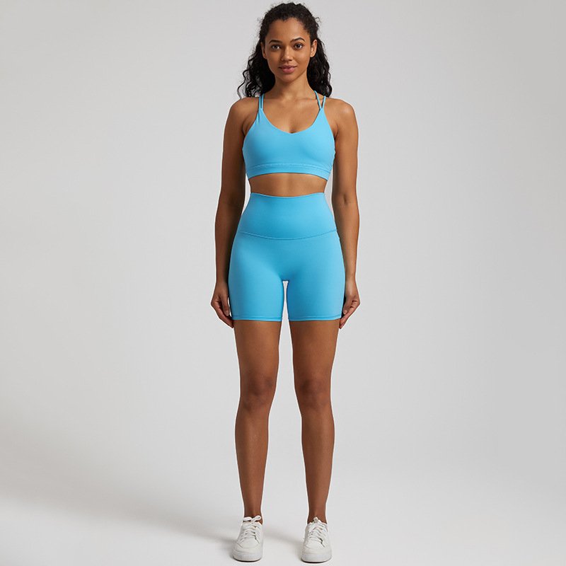 Custom Logo Yoga Shorts Set for Women Fitness Workout Pants Sports Straps Bra Athletic Wear 2 Piece Gym Yoga Biker Shorts Suit