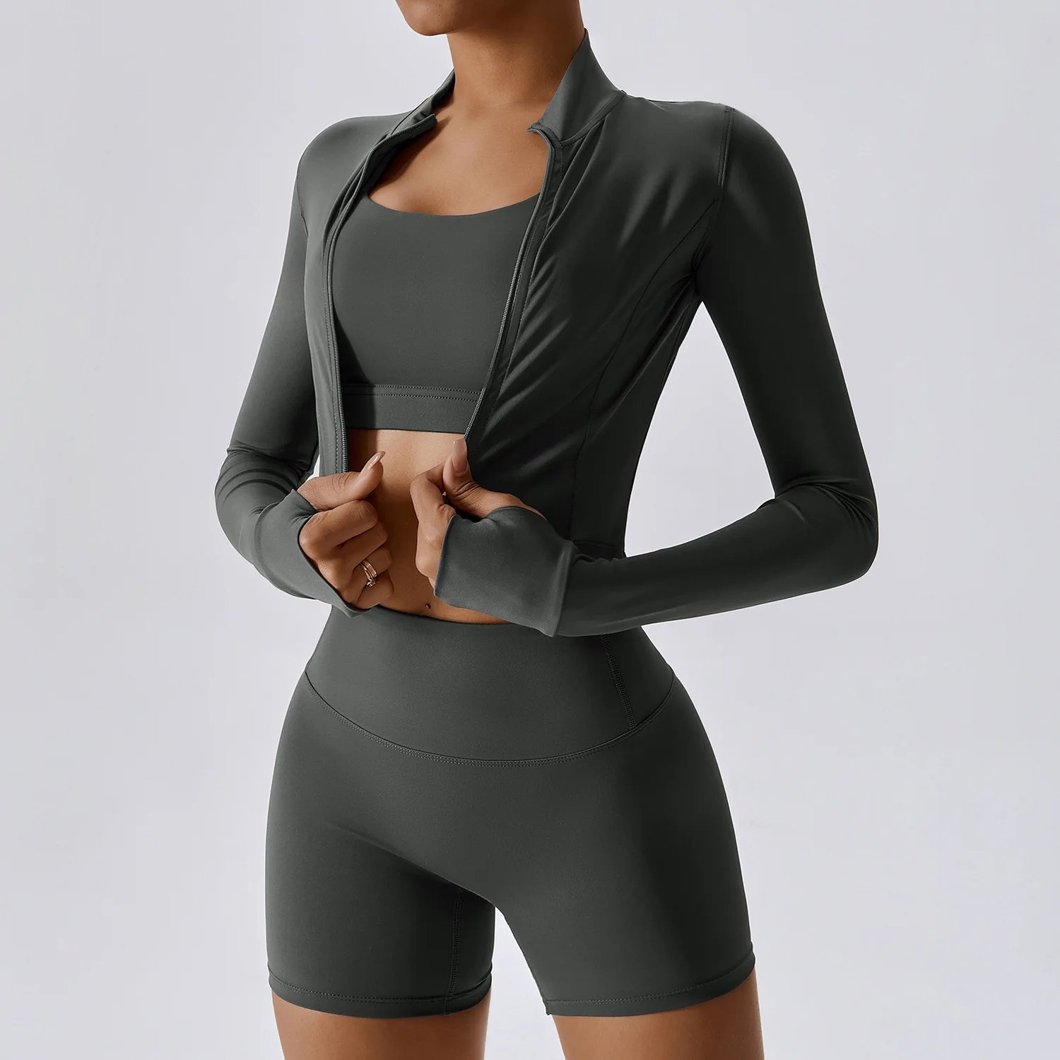 Women Tight Scrunch Butt Yoga Suit Lady Long Sleeve Jacket High Waist Shorts Gym Sets Female Crop Top Abdomen Sports Wear