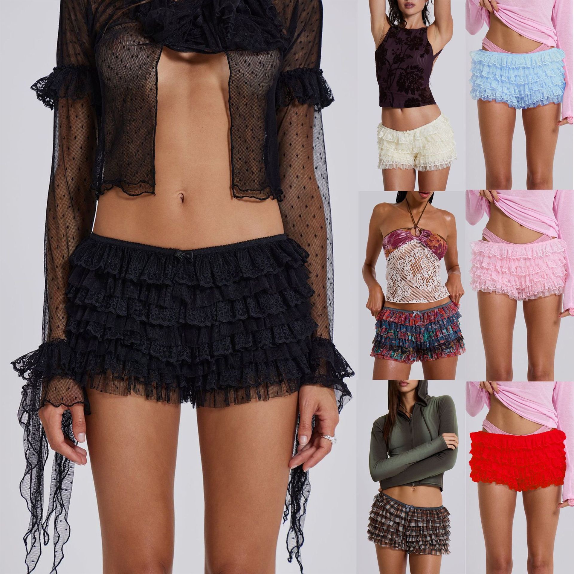 C2154 Fashion Fishbone corset lace sexy mesh sleeveless tight fitting women's shorts set with Bow