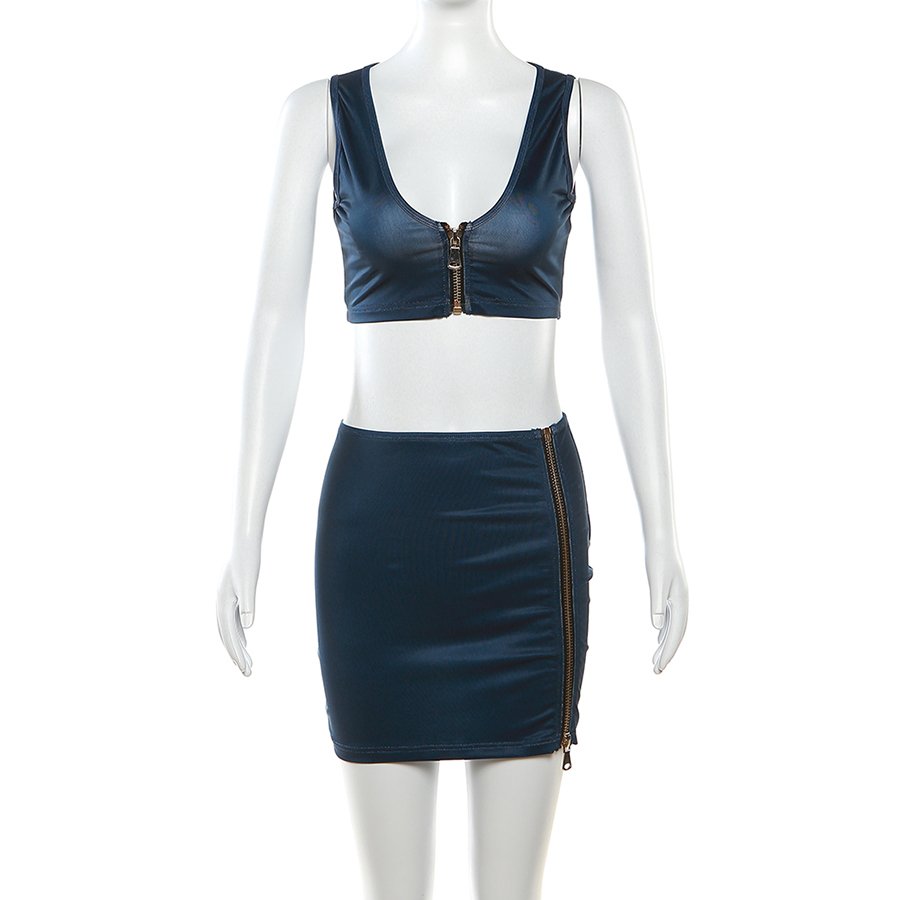 Kliou K23S38589 2 piece set women casual blue sleeveless shirt +skirt knitted outfit zipper women's sets