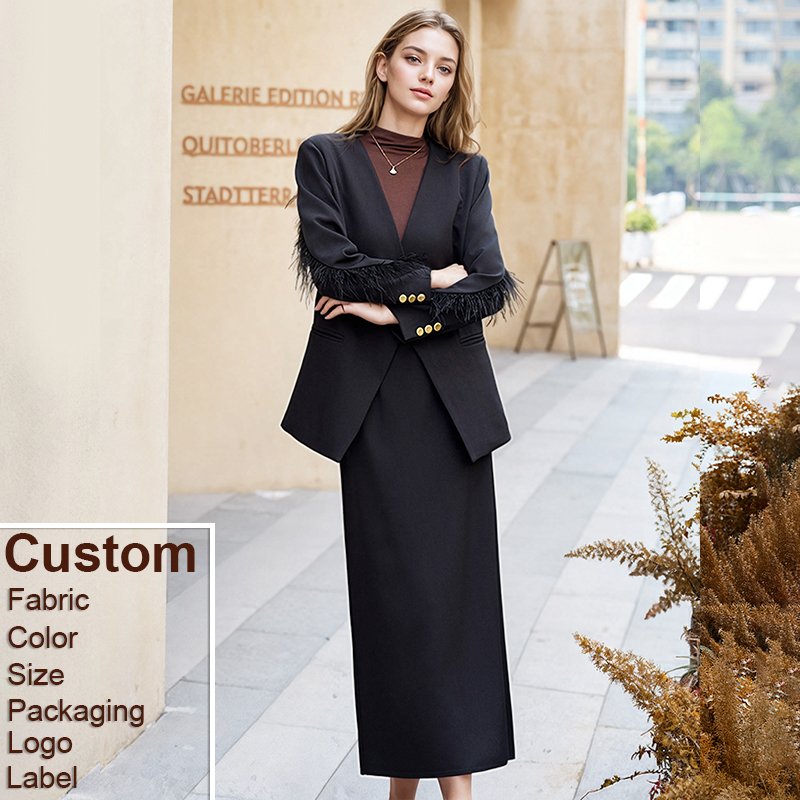 Custom Luxury Women's Set Autumn and Spring Elegant New Long Sleeves Splicing together Feather Coat A-line Skirt Two Piece Set
