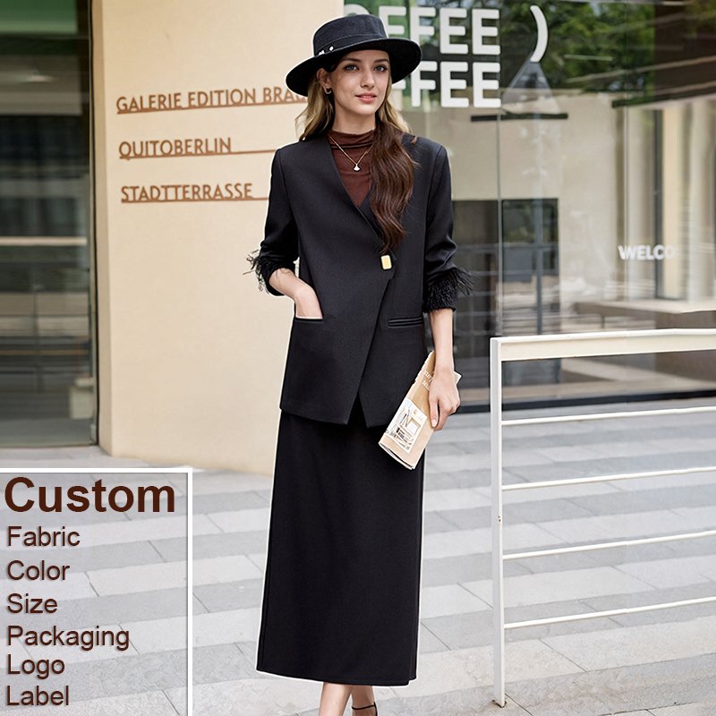 Custom Luxury Women's Set Autumn and Spring Elegant New Long Sleeves Splicing together Feather Coat A-line Skirt Two Piece Set