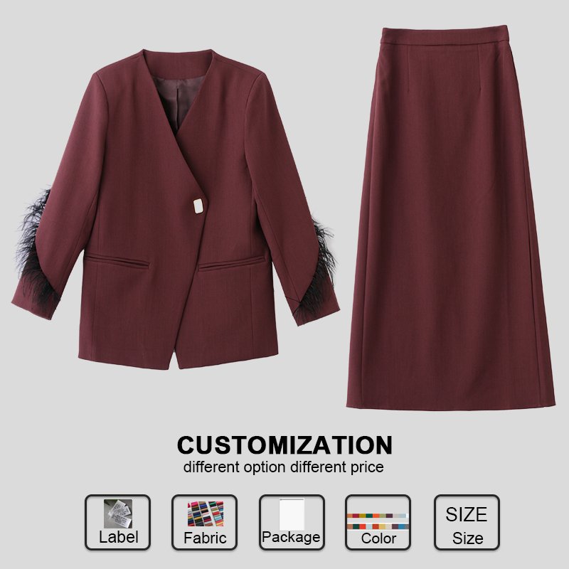 Custom Luxury Women's Set Autumn and Spring Elegant New Long Sleeves Splicing together Feather Coat A-line Skirt Two Piece Set