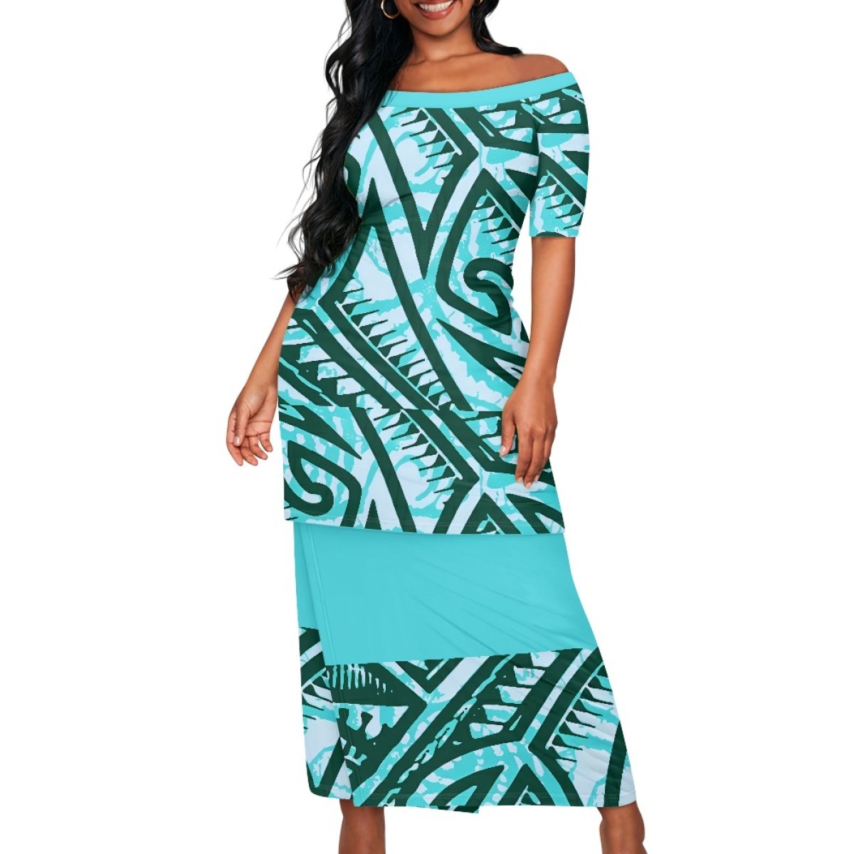 2024 Hot Selling Polynesian Elei Tribal Design Dress Custom Casual Formal Normcore Women's Short Sleeve Top Wrap Hip Skirt