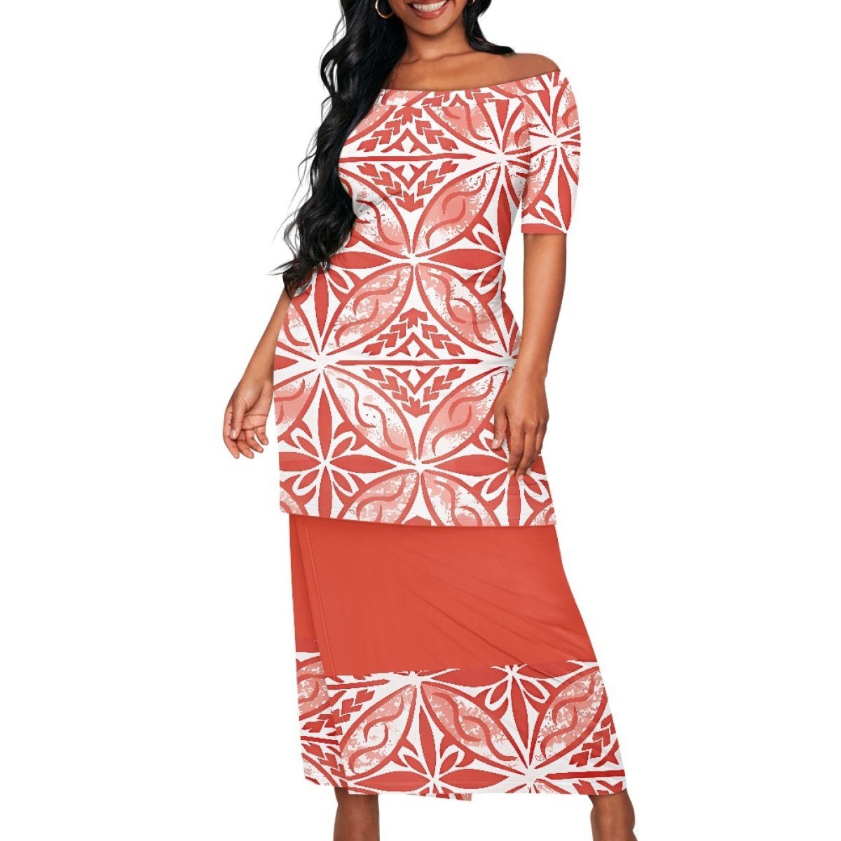 2024 Hot Selling Polynesian Elei Tribal Design Dress Custom Casual Formal Normcore Women's Short Sleeve Top Wrap Hip Skirt