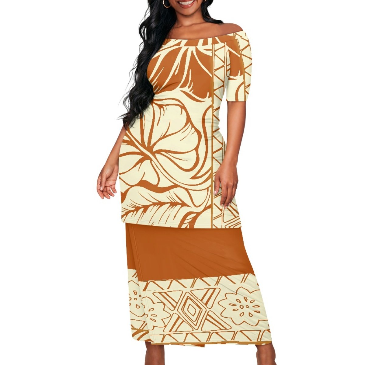2024 Hot Selling Polynesian Elei Tribal Design Dress Custom Casual Formal Normcore Women's Short Sleeve Top Wrap Hip Skirt