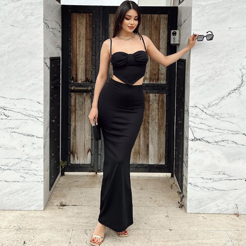 Summer women's new solid color spaghetti casual dress fashion two piece long skirt set for women