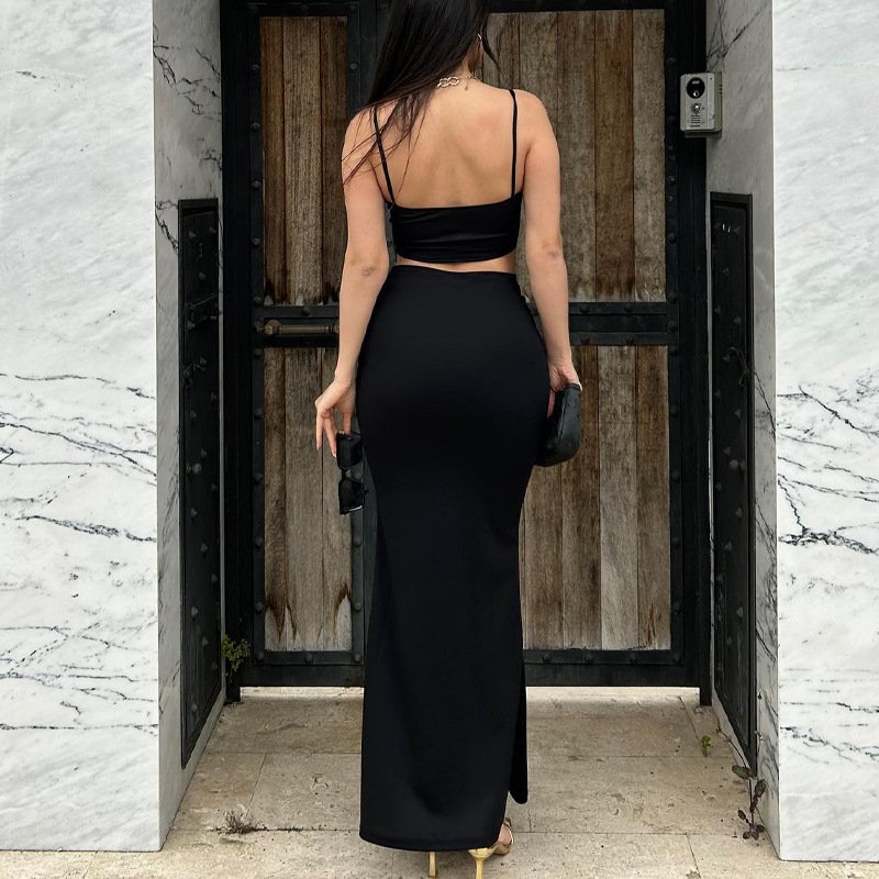 Summer women's new solid color spaghetti casual dress fashion two piece long skirt set for women