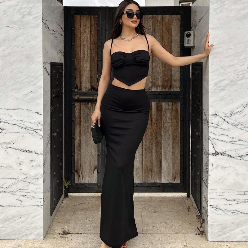 Summer women's new solid color spaghetti casual dress fashion two piece long skirt set for women