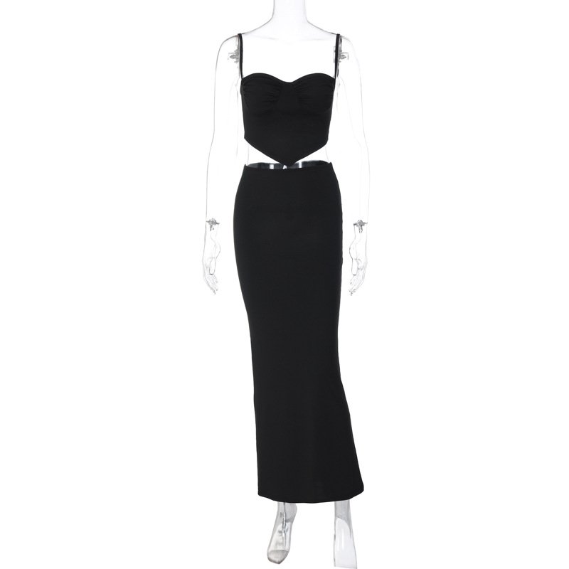 Summer women's new solid color spaghetti casual dress fashion two piece long skirt set for women