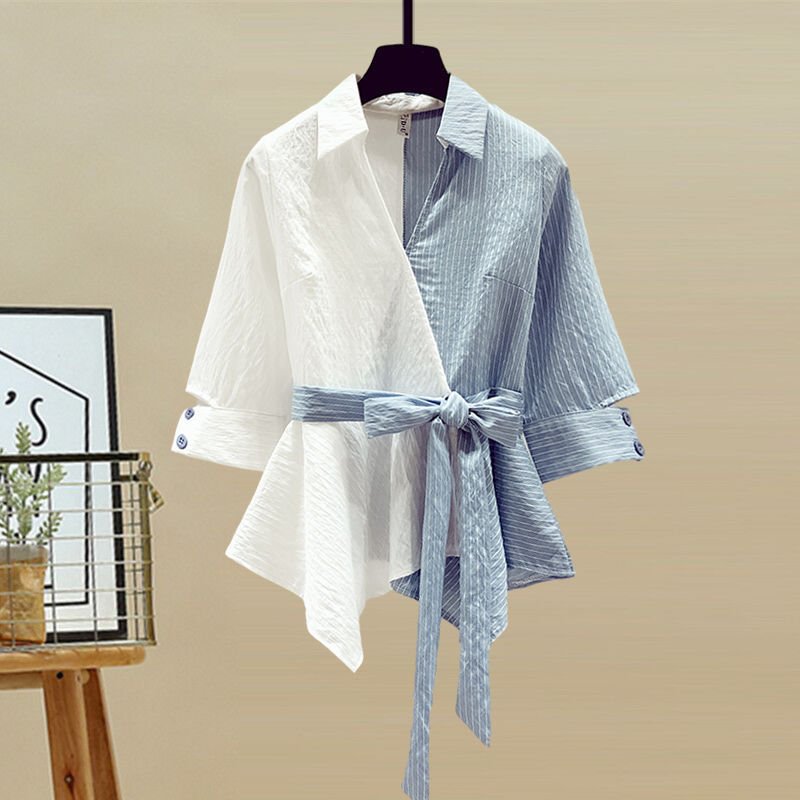Women's pants Korean color block shirt jeans high waist loose Women's jeans 2pcs set
