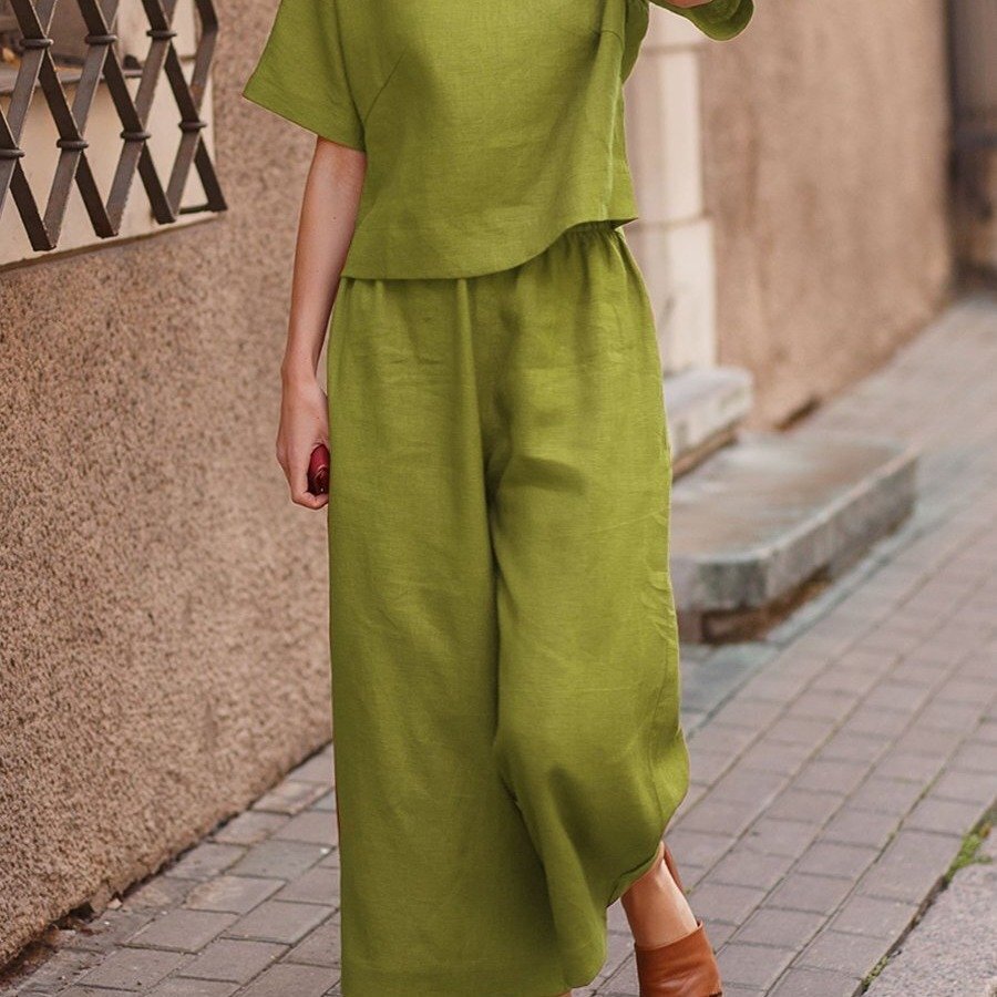 Custom Logo Wholesale Women's New Linen Sets Casual Loose Solid Color Set Ladies Loose Breathable Two-piece Set