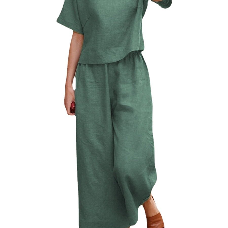 Custom Logo Wholesale Women's New Linen Sets Casual Loose Solid Color Set Ladies Loose Breathable Two-piece Set