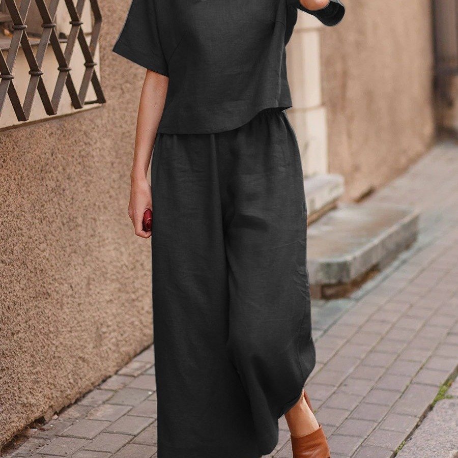 Custom Logo Wholesale Women's New Linen Sets Casual Loose Solid Color Set Ladies Loose Breathable Two-piece Set