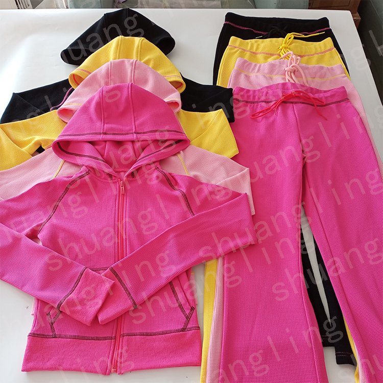 Two Piece Set Women Clothing Basics Zipper Hoodie Jacket And Flared Pants Loungewear Women Sets Custom Logo Waffle Knit Sets