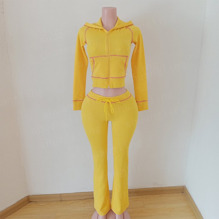Two Piece Set Women Clothing Basics Zipper Hoodie Jacket And Flared Pants Loungewear Women Sets Custom Logo Waffle Knit Sets