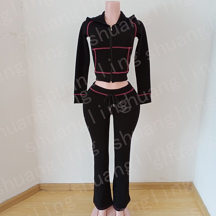 Two Piece Set Women Clothing Basics Zipper Hoodie Jacket And Flared Pants Loungewear Women Sets Custom Logo Waffle Knit Sets
