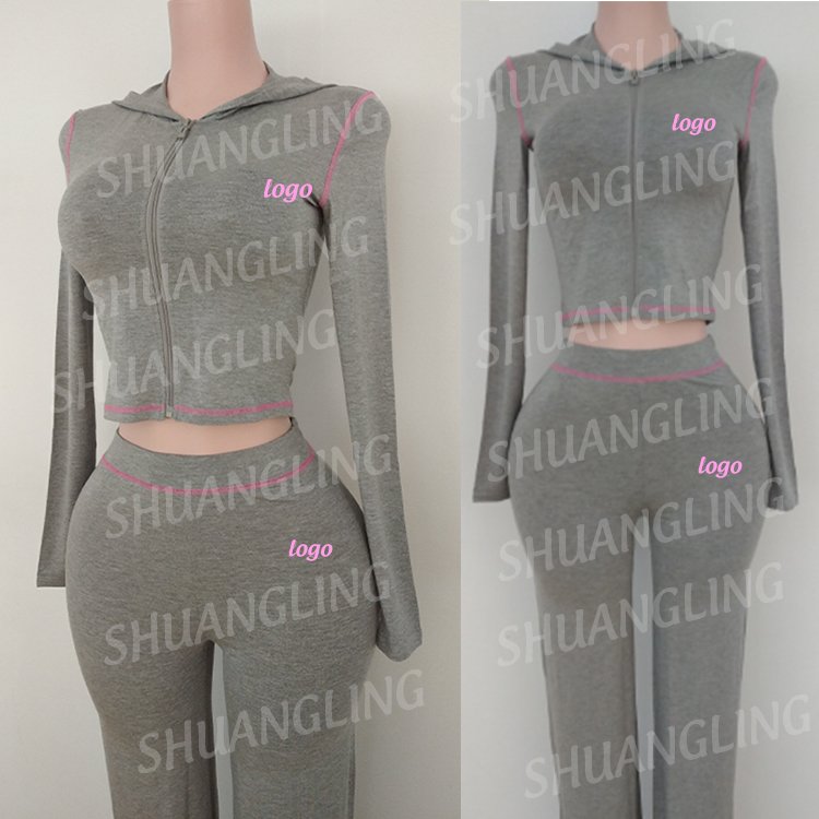 Lounge wear Women Set Custom logo Workout Fitness Two pieces Leggings Outfits Yoga Jacket Hoodie flare pant Women Tracksuit Set