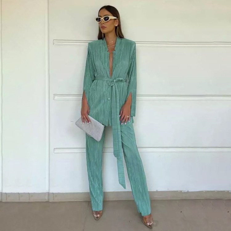 Office Women's Co Ords Set Green Suit Lace Up Long Sleeved Shirt Pleated Blouse Trousers Casual Autumn 2-piece Women Pants Set