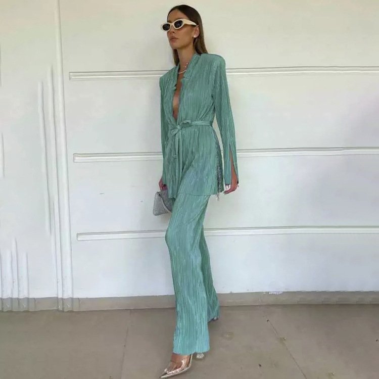 Office Women's Co Ords Set Green Suit Lace Up Long Sleeved Shirt Pleated Blouse Trousers Casual Autumn 2-piece Women Pants Set
