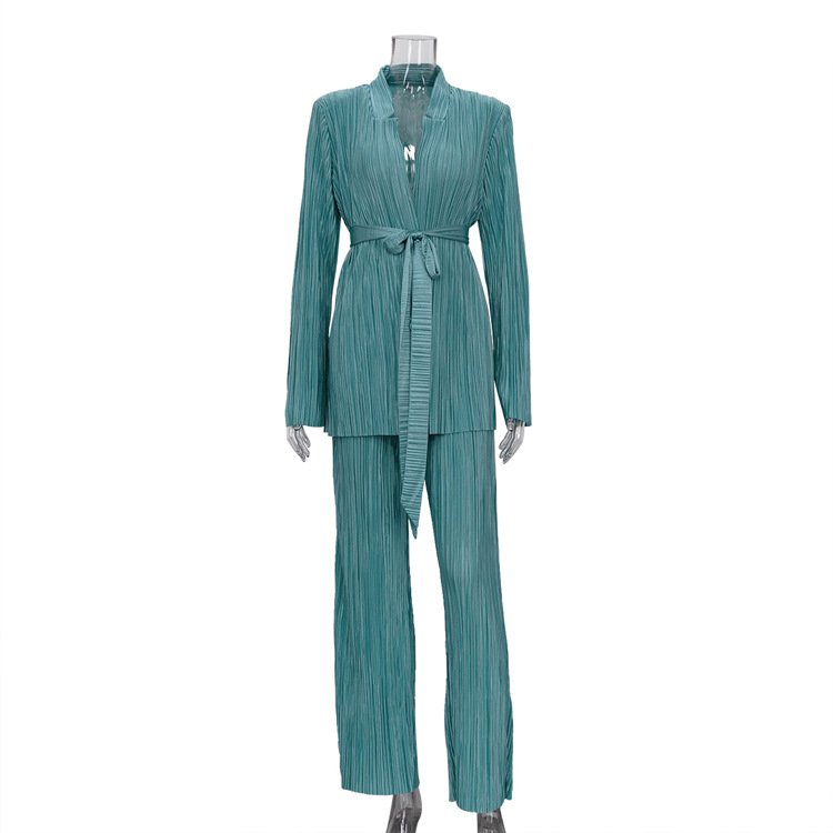 Office Women's Co Ords Set Green Suit Lace Up Long Sleeved Shirt Pleated Blouse Trousers Casual Autumn 2-piece Women Pants Set