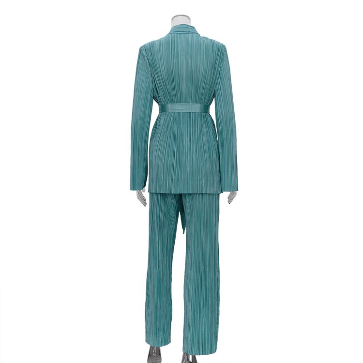 Office Women's Co Ords Set Green Suit Lace Up Long Sleeved Shirt Pleated Blouse Trousers Casual Autumn 2-piece Women Pants Set