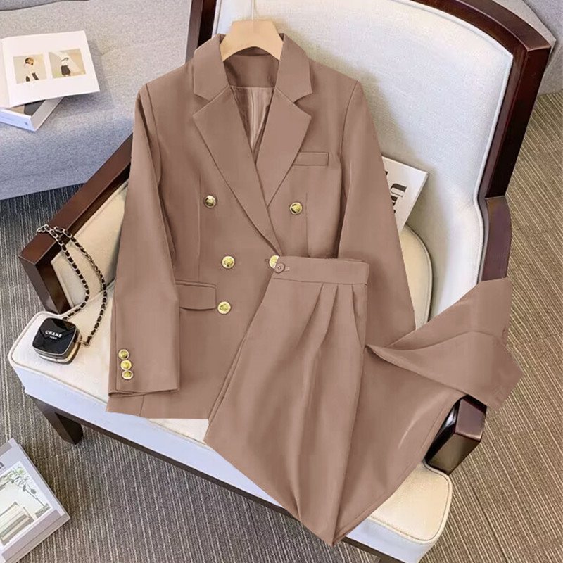 Elegant Two-Breasted Women's Casual Suit Set Double-Breasted Closure Button Decoration Solid Pattern Worested Fabric 2-Piece Set
