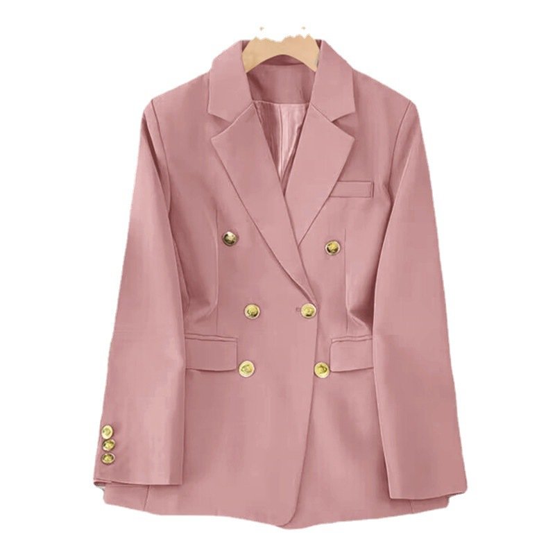 Elegant Two-Breasted Women's Casual Suit Set Double-Breasted Closure Button Decoration Solid Pattern Worested Fabric 2-Piece Set