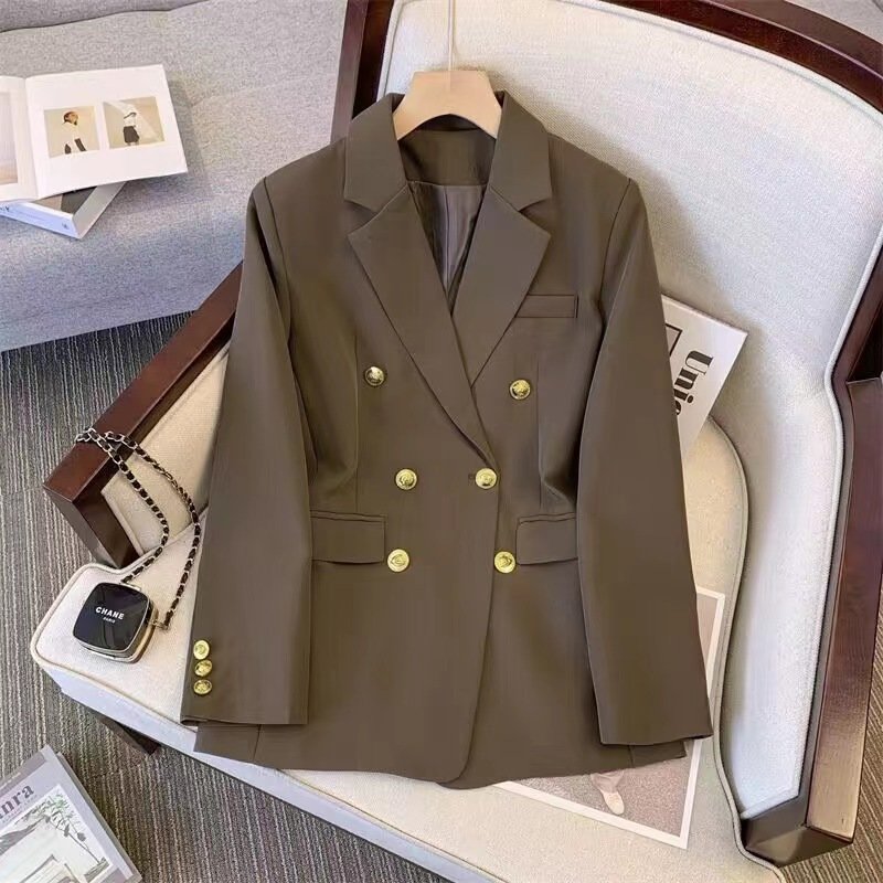 Elegant Two-Breasted Women's Casual Suit Set Double-Breasted Closure Button Decoration Solid Pattern Worested Fabric 2-Piece Set