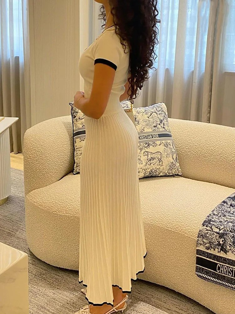 Knit Ribbed Ruffles Patchwork Women's Set Short Sleeve Cardigan and Midi Skirts 2024 Two 2 Piece Sets Outfits