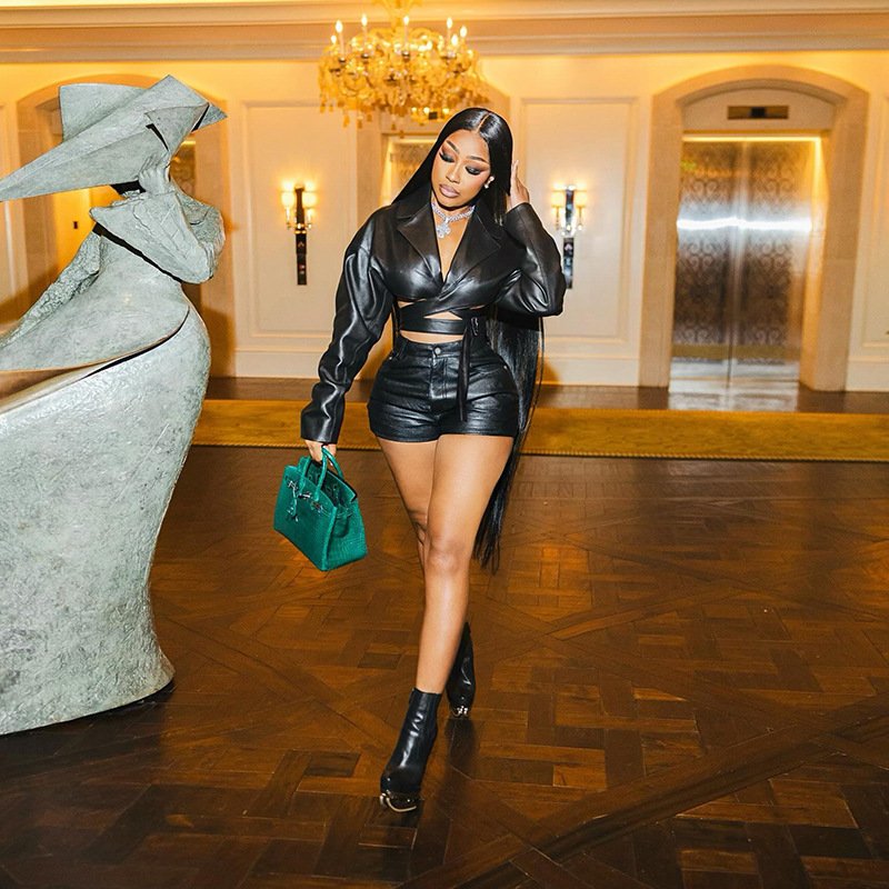 2024 Women's High Quality Black PU Leather Party Club Clothing 2-piece Set Sexy Lace Up Short Jacket Shorts Set
