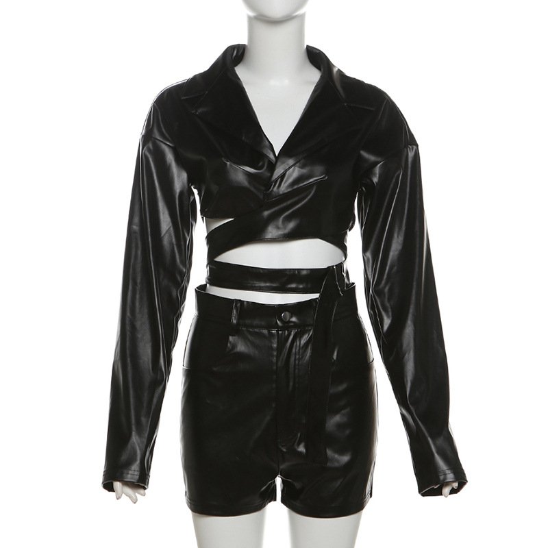 2024 Women's High Quality Black PU Leather Party Club Clothing 2-piece Set Sexy Lace Up Short Jacket Shorts Set