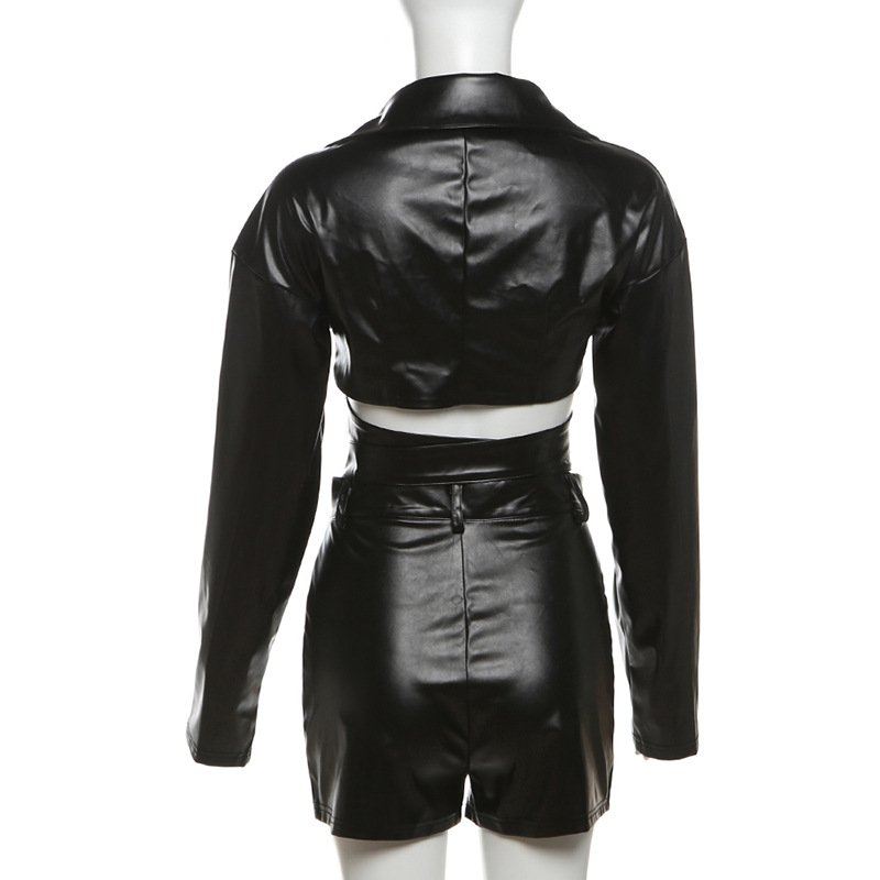 2024 Women's High Quality Black PU Leather Party Club Clothing 2-piece Set Sexy Lace Up Short Jacket Shorts Set