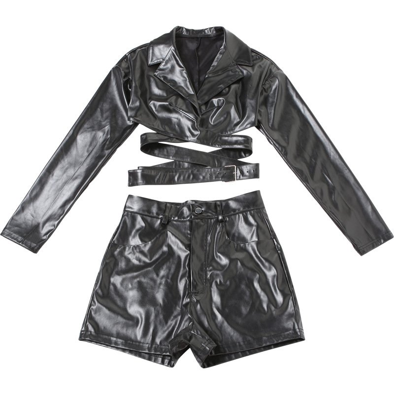 2024 Women's High Quality Black PU Leather Party Club Clothing 2-piece Set Sexy Lace Up Short Jacket Shorts Set
