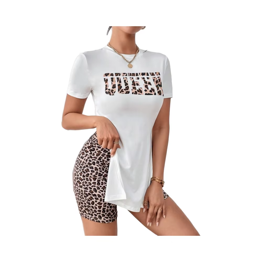 Women's Casual Duo Crewneck Monogram Print Split Side Split Short Sleeve Top and Leopard Print Slim Fit Shorts 2024 Women's sets