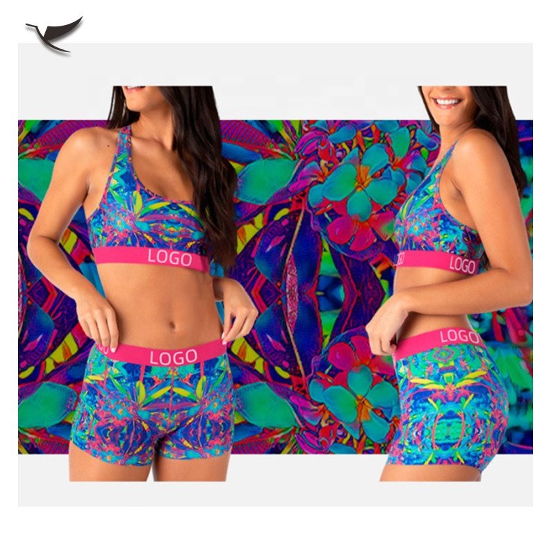 New Women's Summer Sports Two-Piece Set Custom Underwear Biker Shorts Bra Digital Printed Polyester Ethica Sets